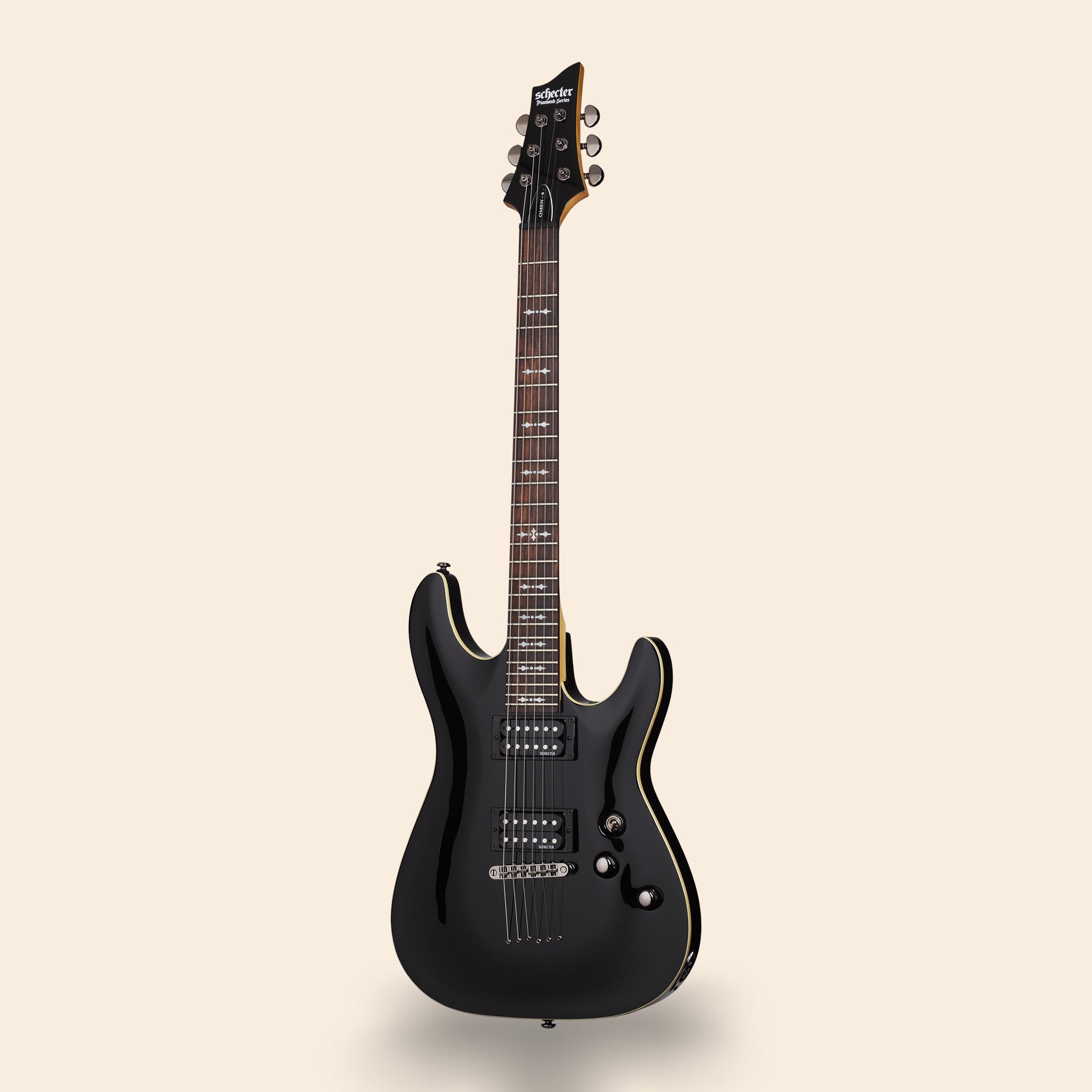 E-Gitarre Schecter Omen 6 in Schwarz, Live, Studio, Bühne.