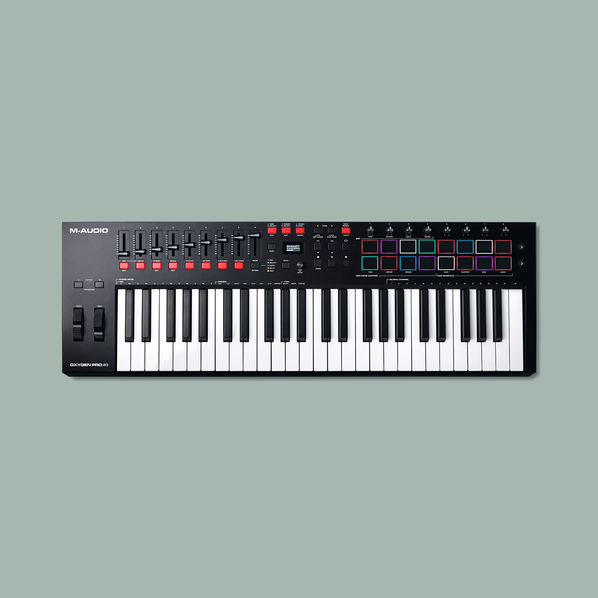 MIDI-Controller-Keyboard M-Audio Oxygen Pro 49 in Schwarz, Studio, DAW, Produktion.